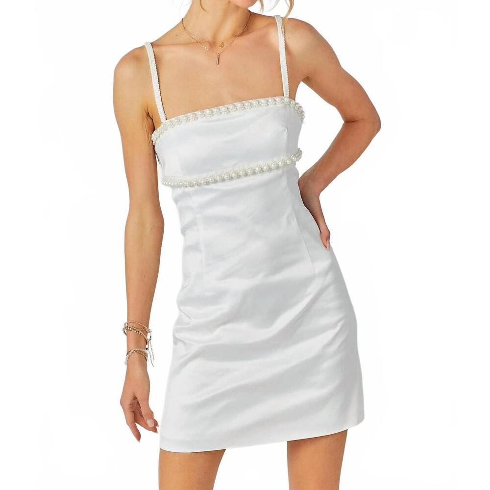NEW BABY PINK beaded trim mini dress in white
